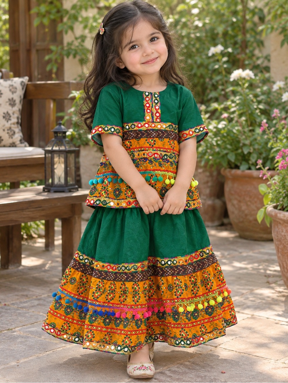 Traditional Green & Mustard Embroidered Kids Dress
